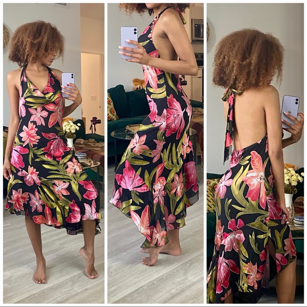 Cache Y2K Tropical Print Silk Blend Floral Dress 4